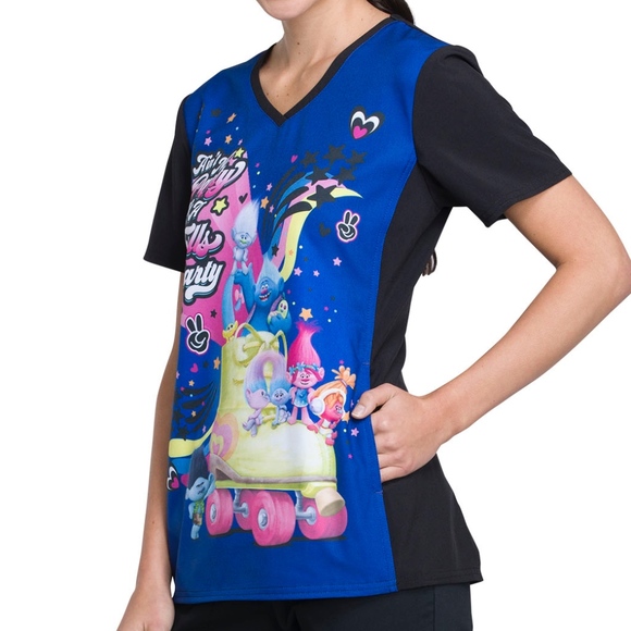 Trolls Love To Party Soft Stretch Scrub Top XS-XXL - Picture 4 of 5